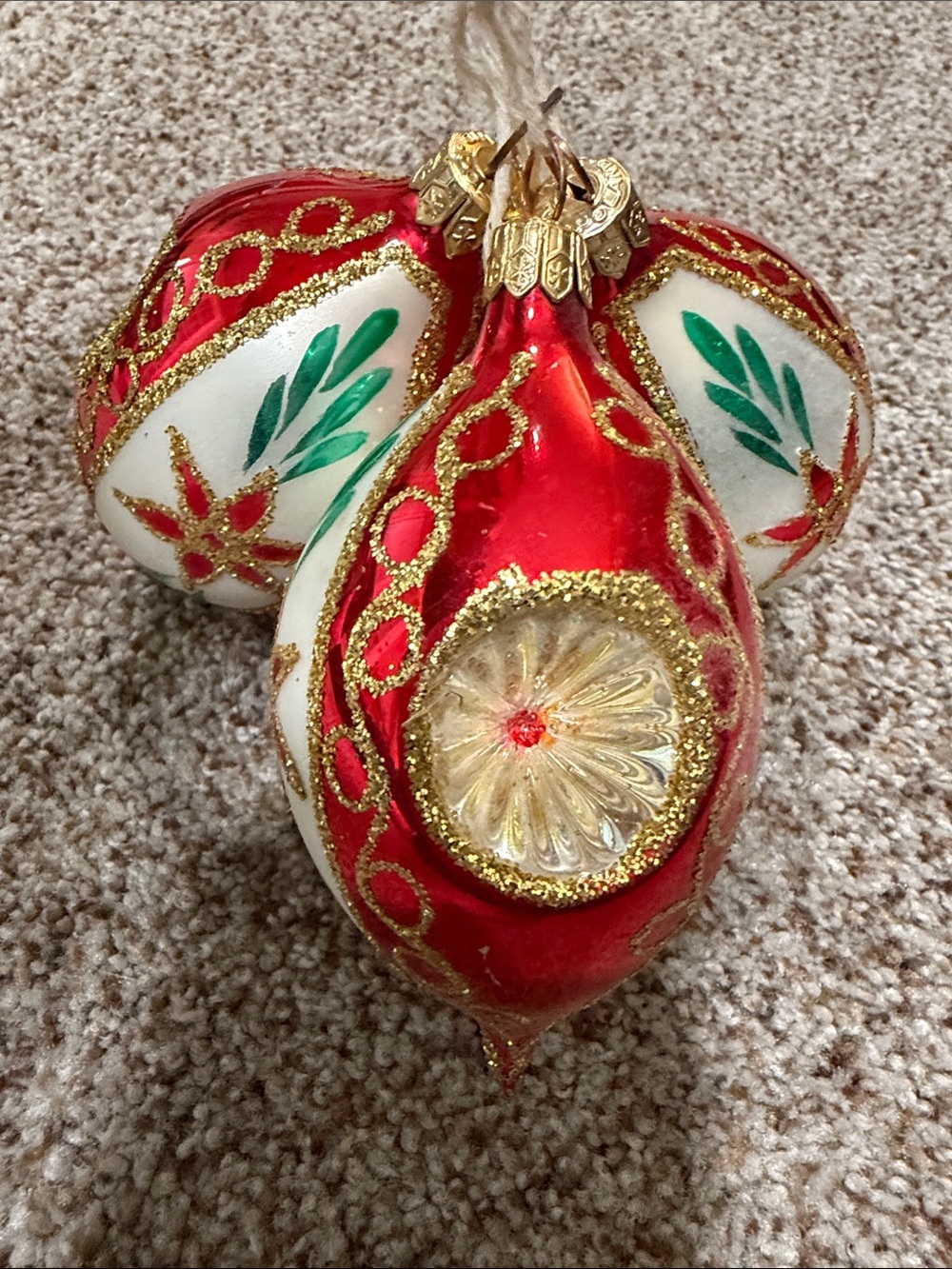 Vintage Polish Glass Christmas Ornaments Indented Reflector Red White 3PC Set